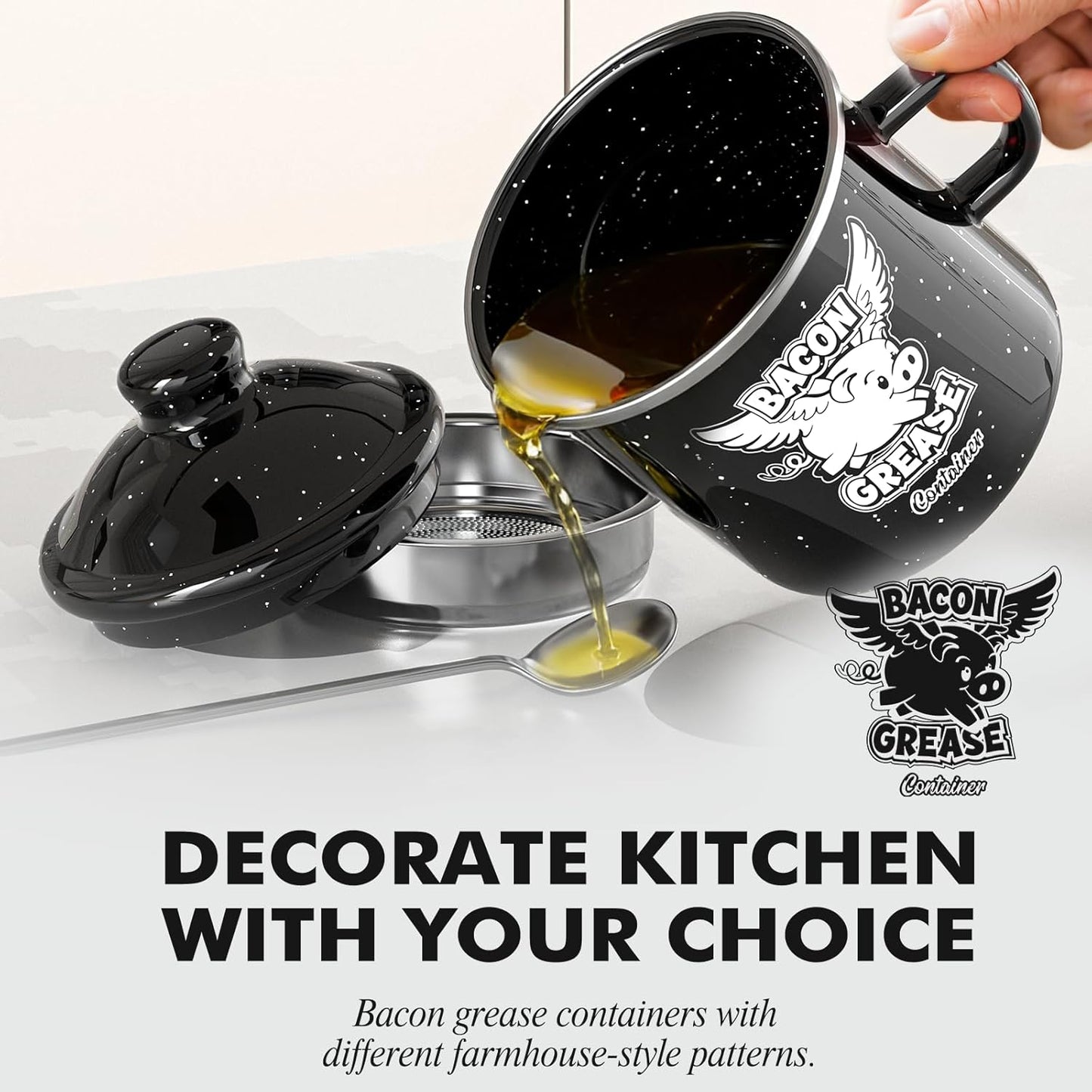Recipiente de grasa de tocino con colador de 15 oz negro