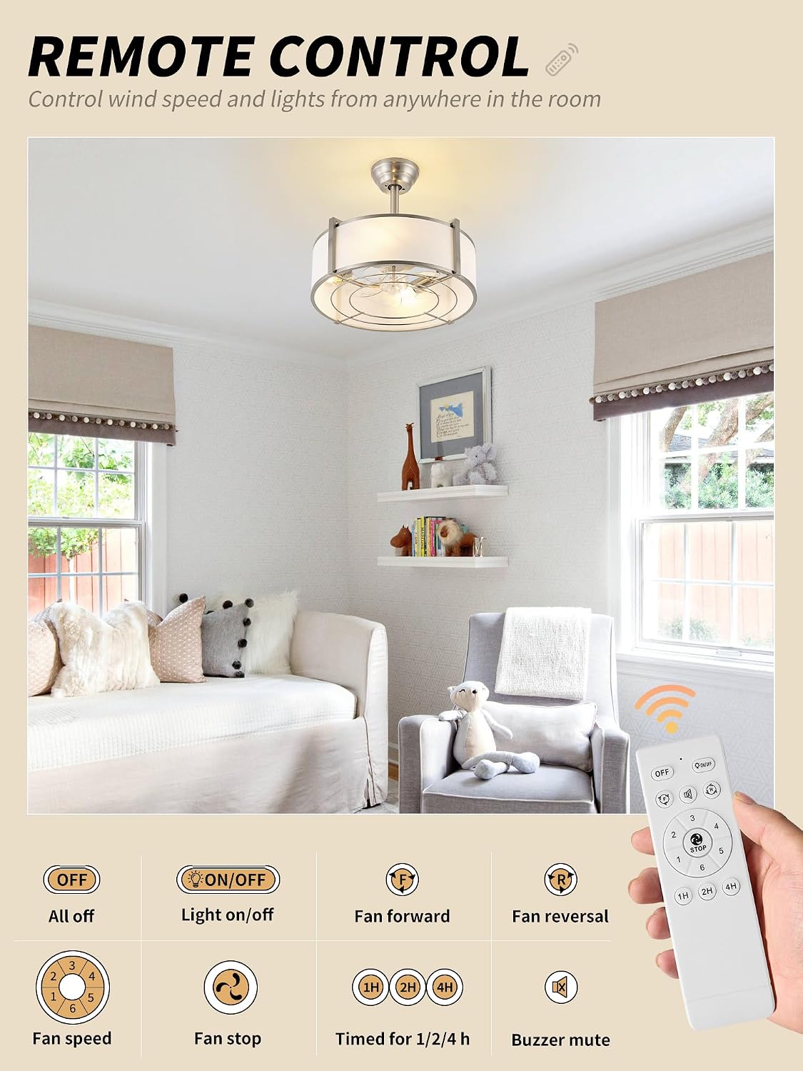 Ventilador techo enjaulado 20pulg luces plateado 6 velocidades