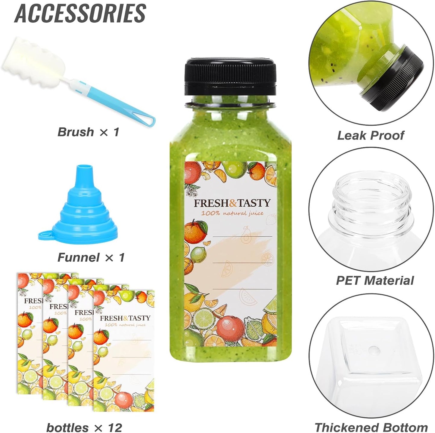 Botellas plásticas transparentes TOMNK 12 unidades 8 oz con tapas, embudo y cepillo