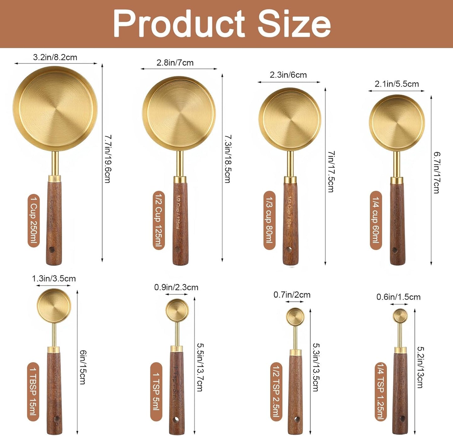 Juego de tazas y cucharas medidoras doradas de acero inoxidable 8 piezas