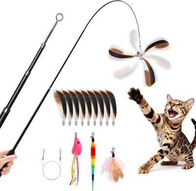Juguetes gato fibra carbono con plumas retráctiles y accesorios