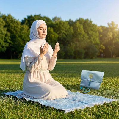 Juego Ramadan alfombra oración con Tasbih bolsa regalo azul