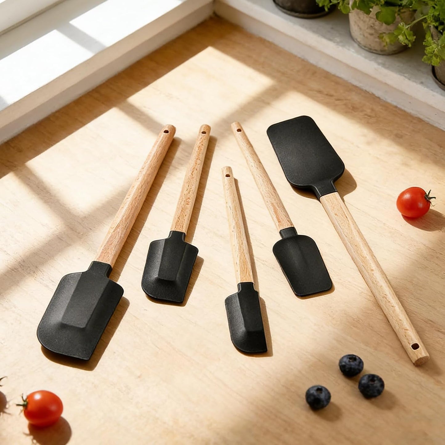 Juego de 5 espátulas de silicona antiadherentes con mango ergonómico de madera