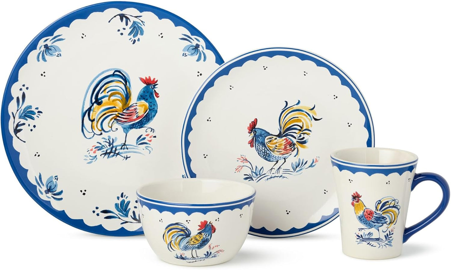 Juego de vajilla cerámica Gallo Francés 16 piezas servicio para cuatro platos llanos ensalada tazas cuencos helado motivos clásicos azul multicolor
