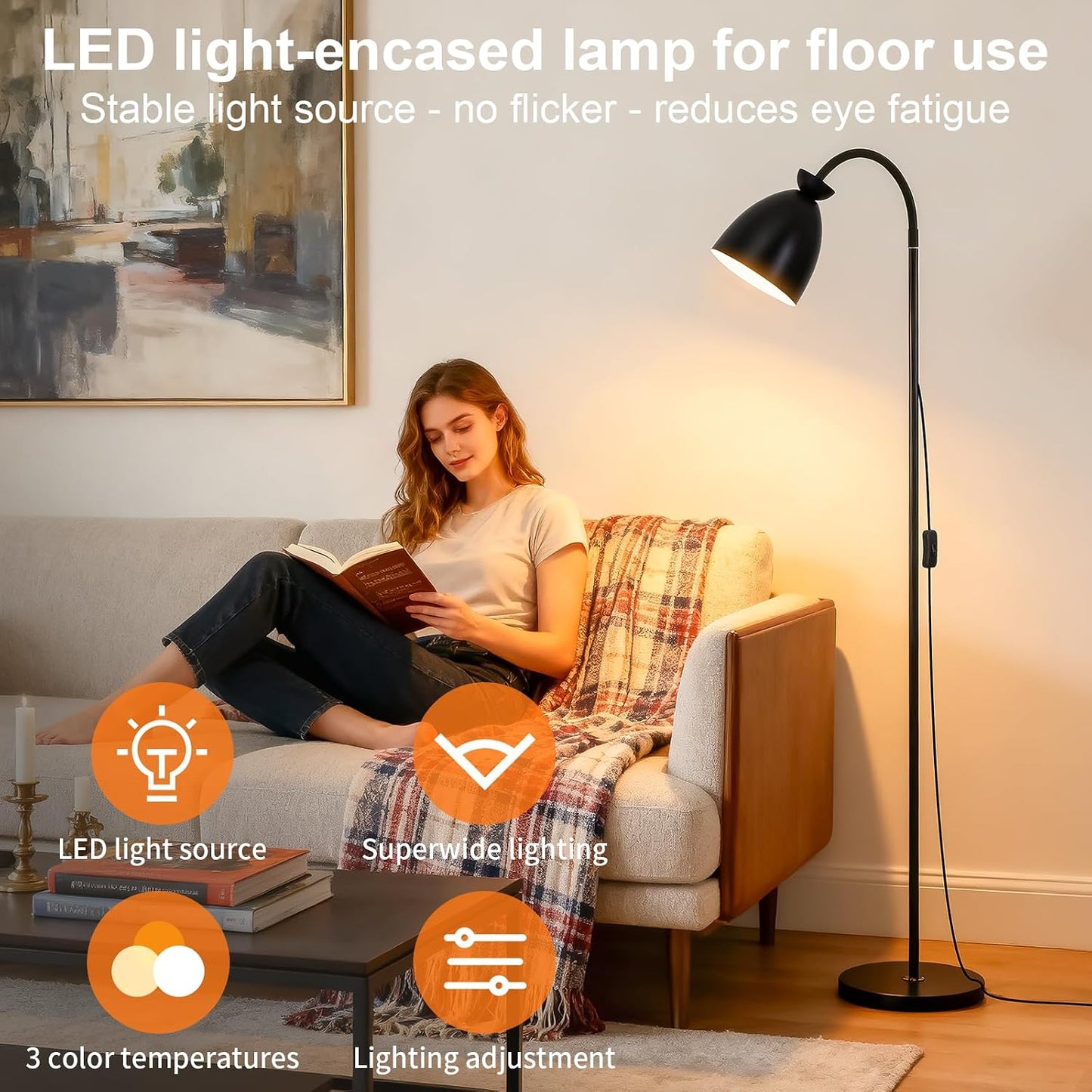 Lámpara pie negra moderna sala dormitorio luz cálida LED