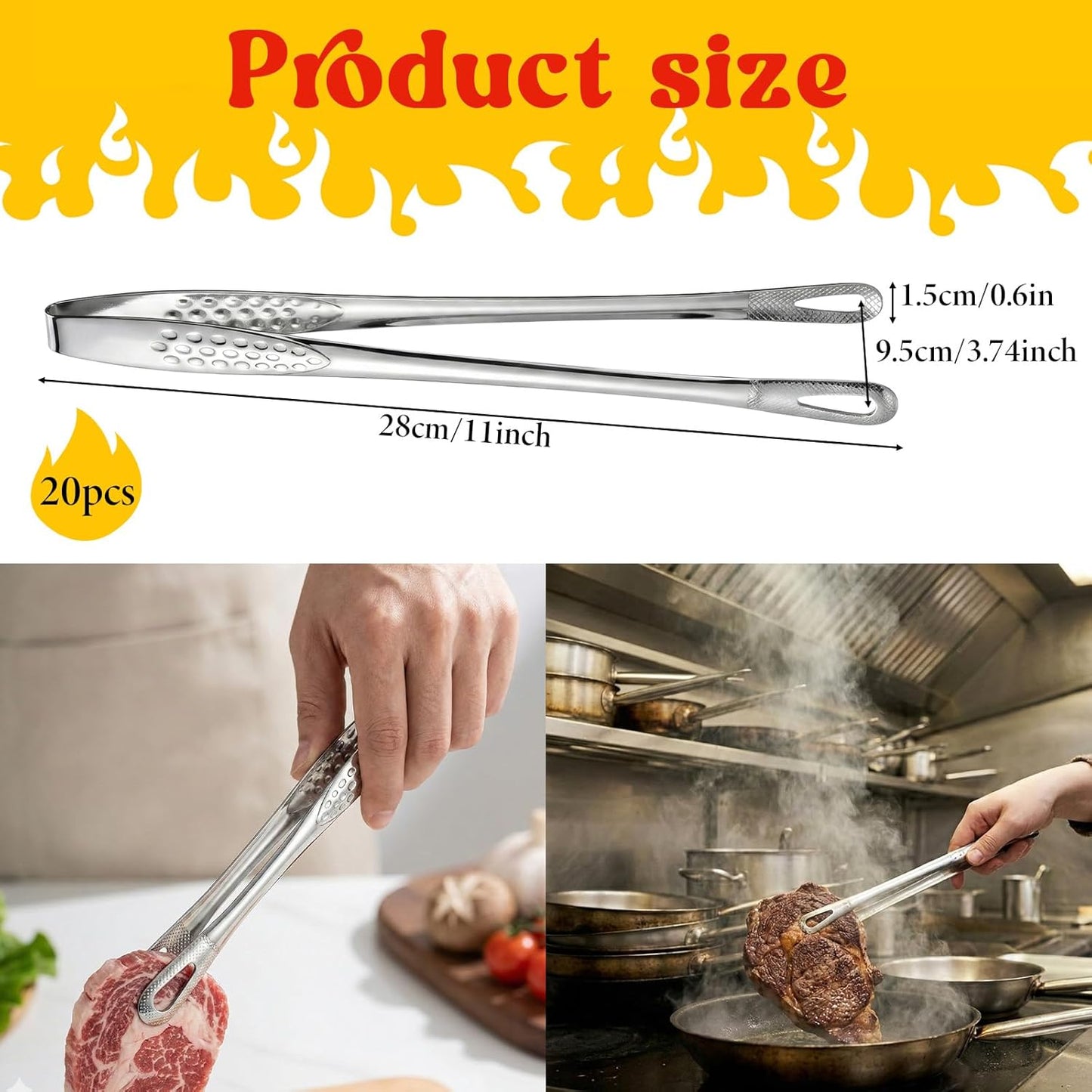 Pinzas de cocina de 11 pulgadas de acero inoxidable para barbacoa y Yakiniku