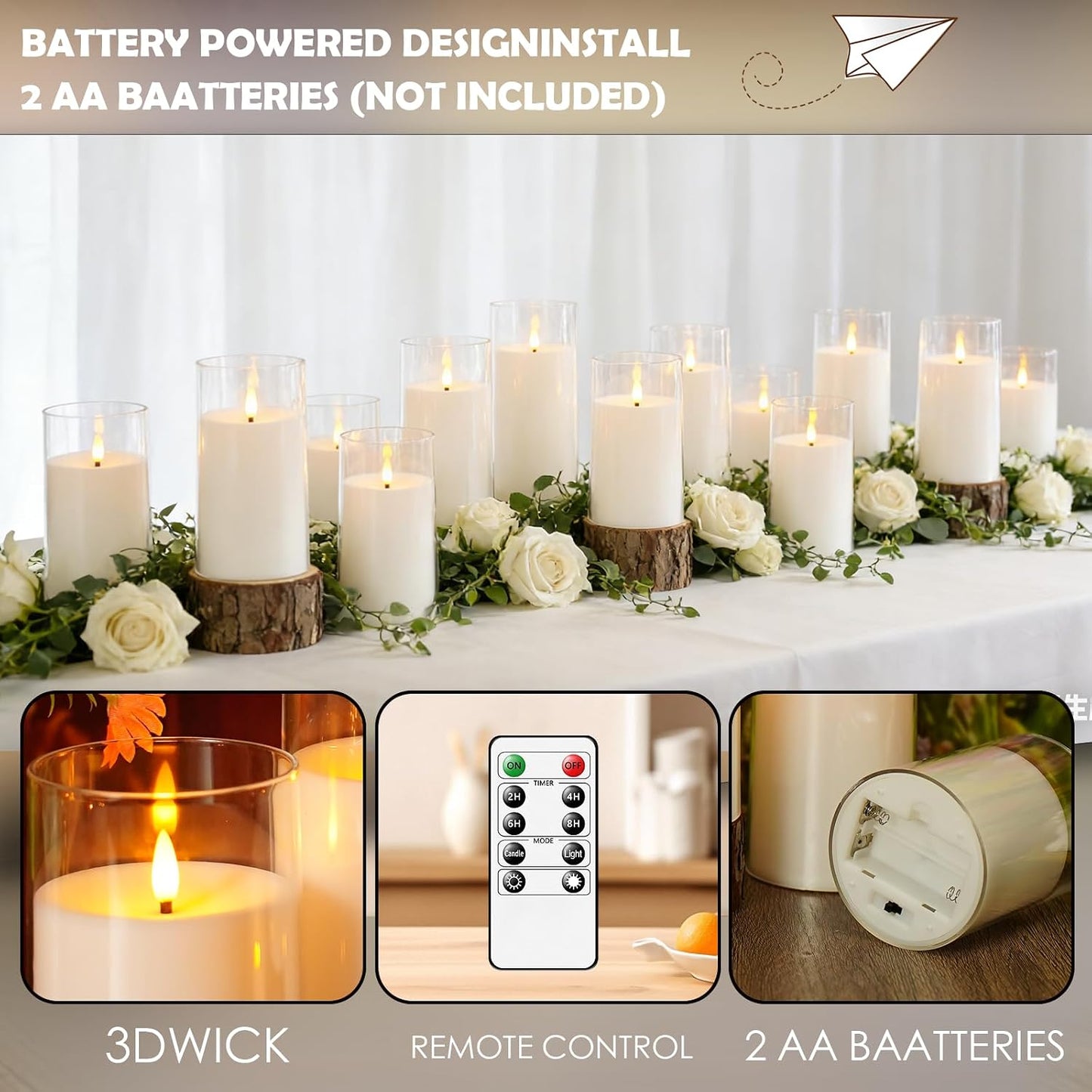 Velas LED parpadeantes con control remoto y temporizador 2/4/6/8h acrílico set 9