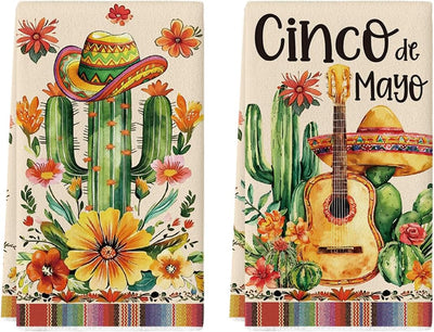 Toallas de cocina Artoid Mode con sombrero de cactus y flores de guitarra 18 x 26