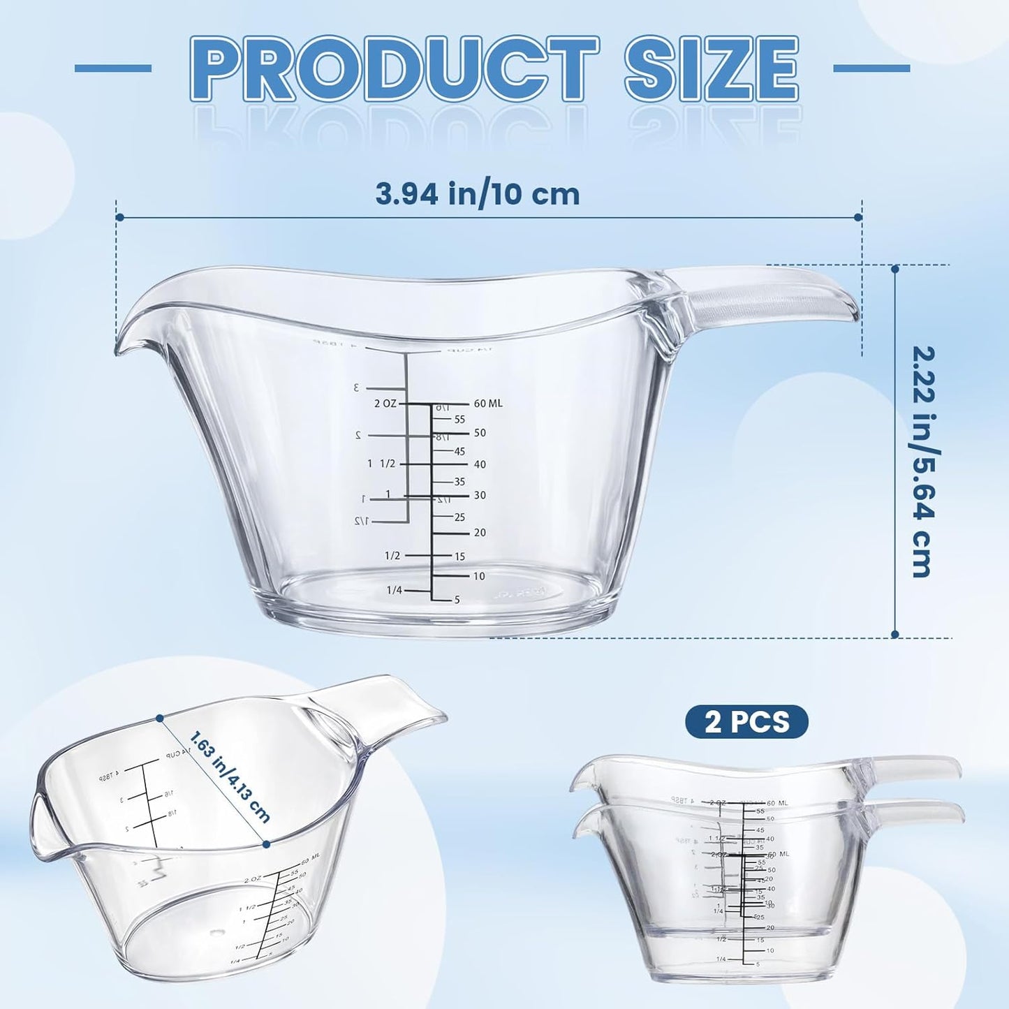 2 Tazas Medidoras 2oz con ml V Transparente para Cocina y Bricolaje