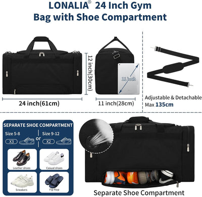 Bolsa gimnasio hombre 24pulg con compartimento zapatos Negro