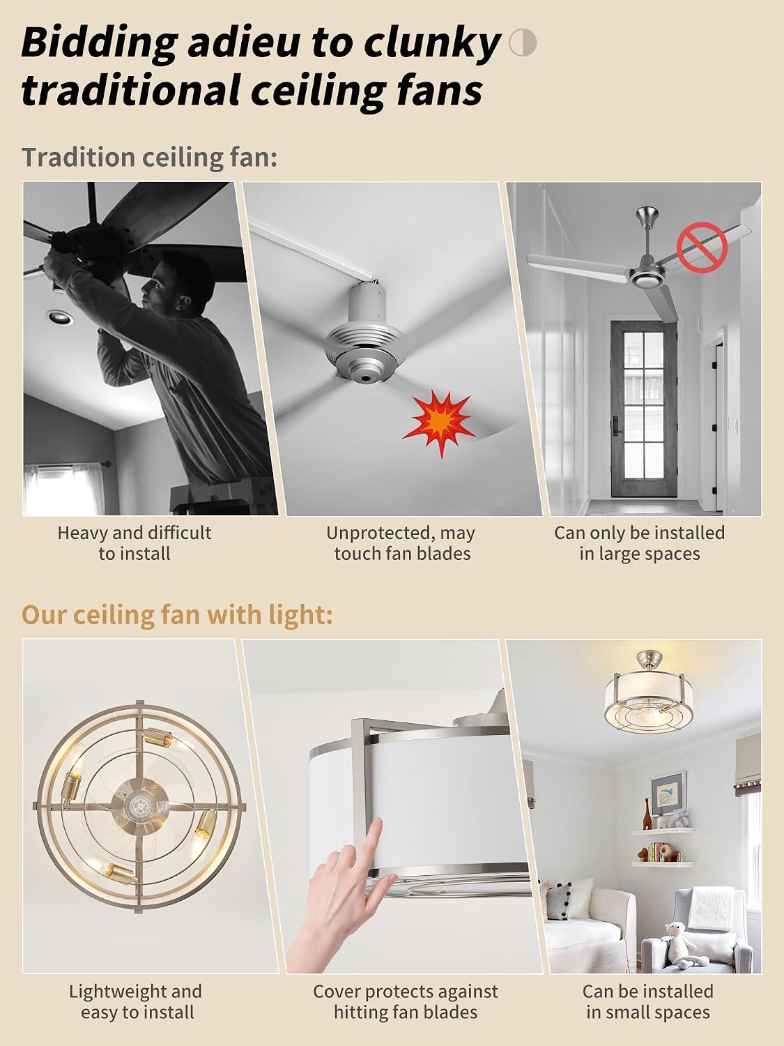 Ventilador techo enjaulado 20pulg luces plateado 6 velocidades