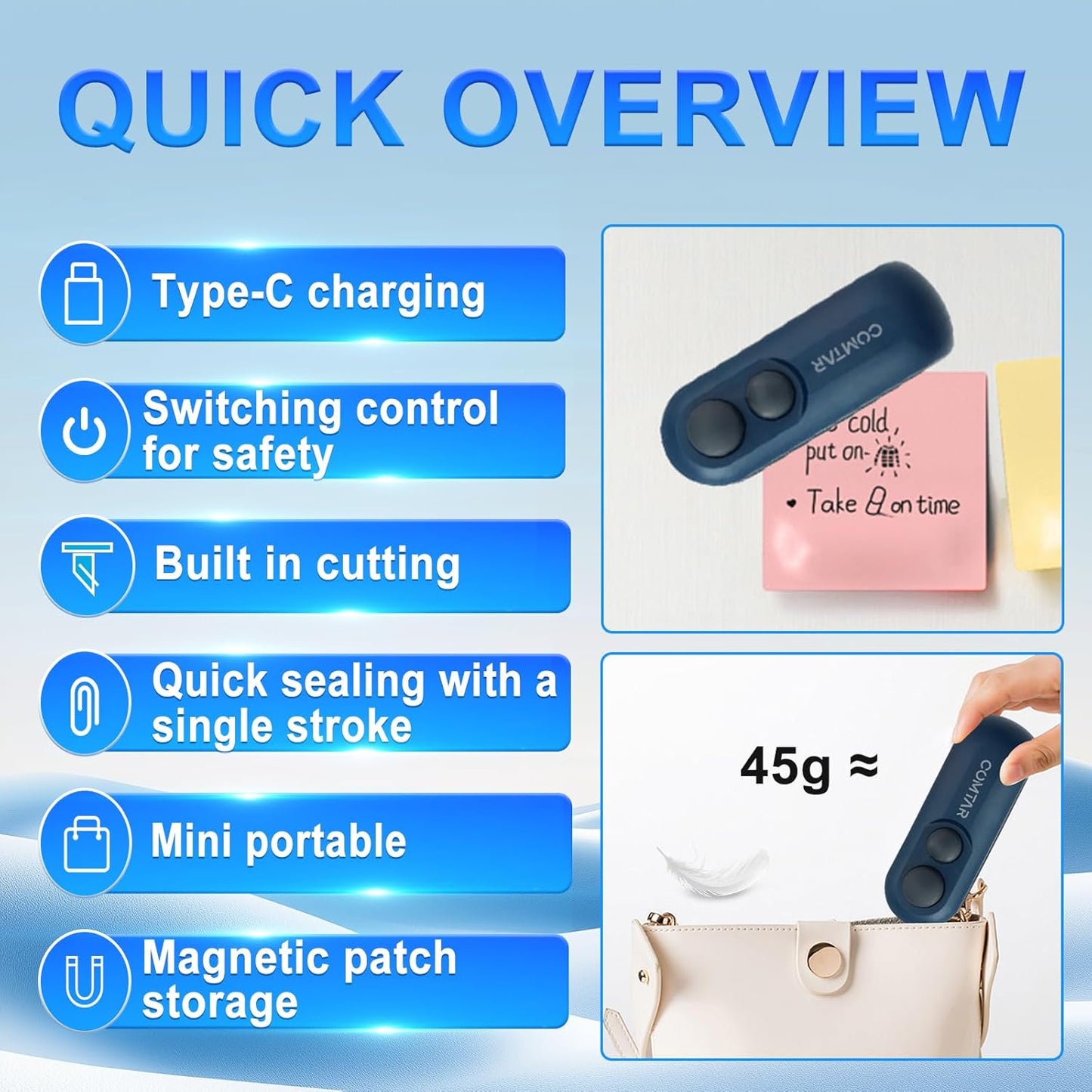 Sellador bolsas USB C 2en1 con imán portátil negro