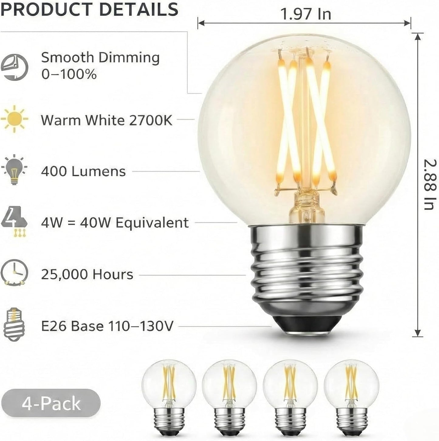 Bombilla LED G16.5 regulable 4W blanco cálido base E26 estilo filamento