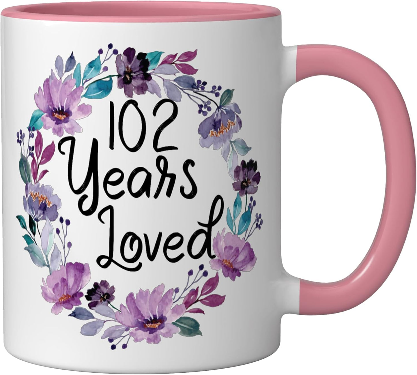 Taza cerámica para cumpleaños 102 años mujer rosa/blanco