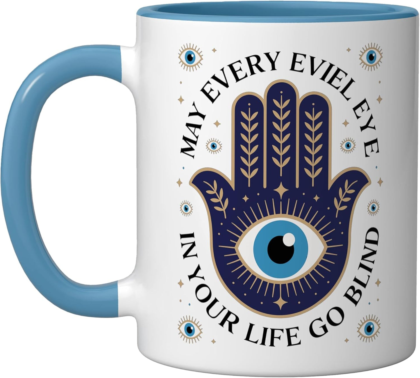 Taza de cerámica Hamsa con amuleto espiritual azul y blanco