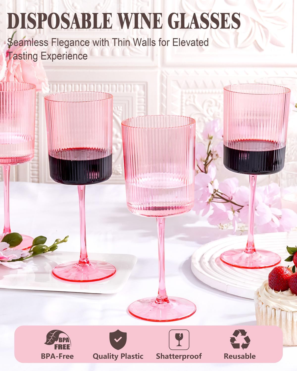 Set 30 Copas Vino Plástico Rosa Acanaladas Fiesta