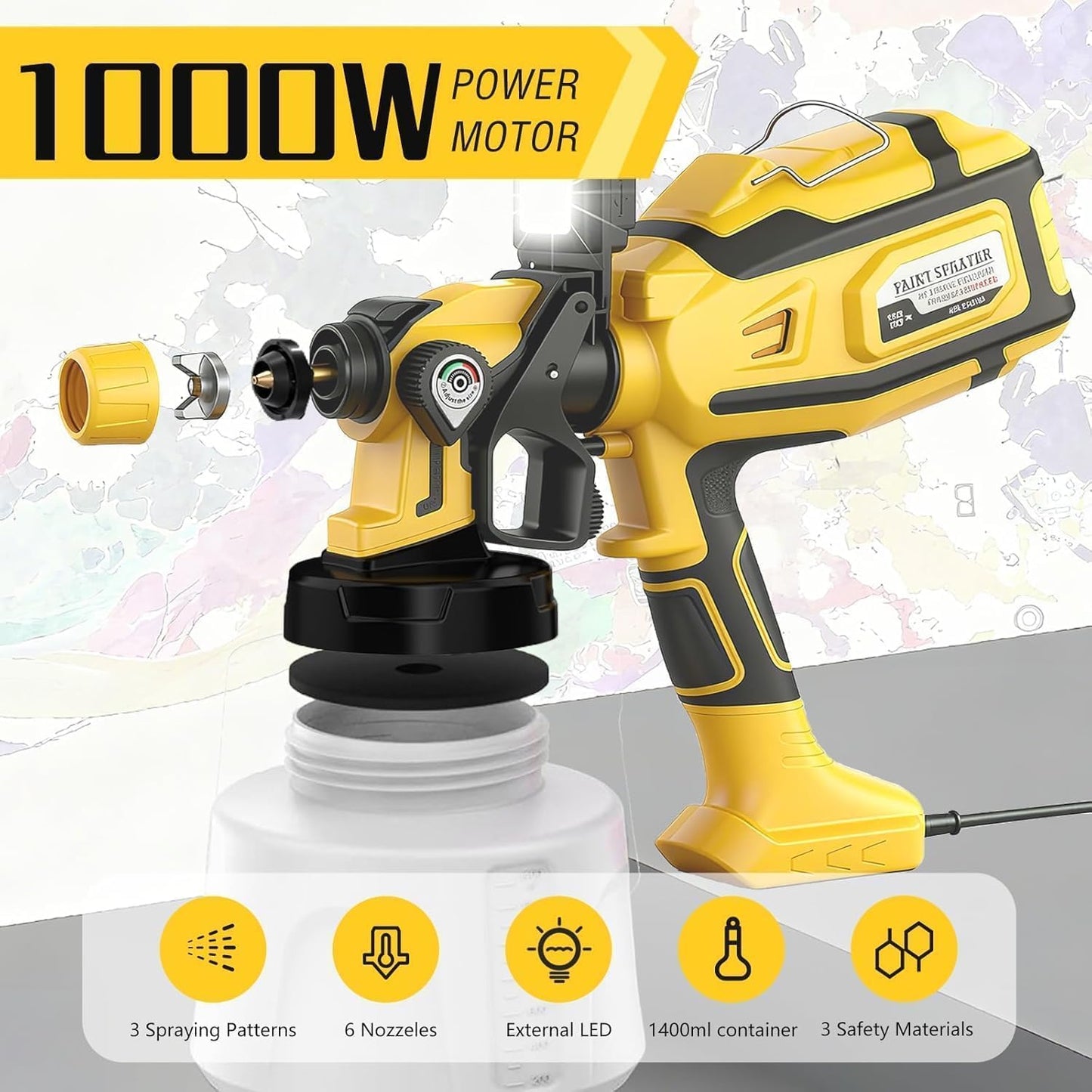 Pulverizador pintura inalámbrico 1000W 47oz LED 6 boquillas