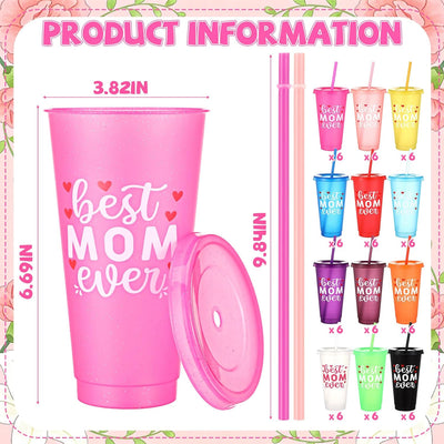 72 Tazas Regalo Mamá Reutilizables Plástico 24oz Con Pajita