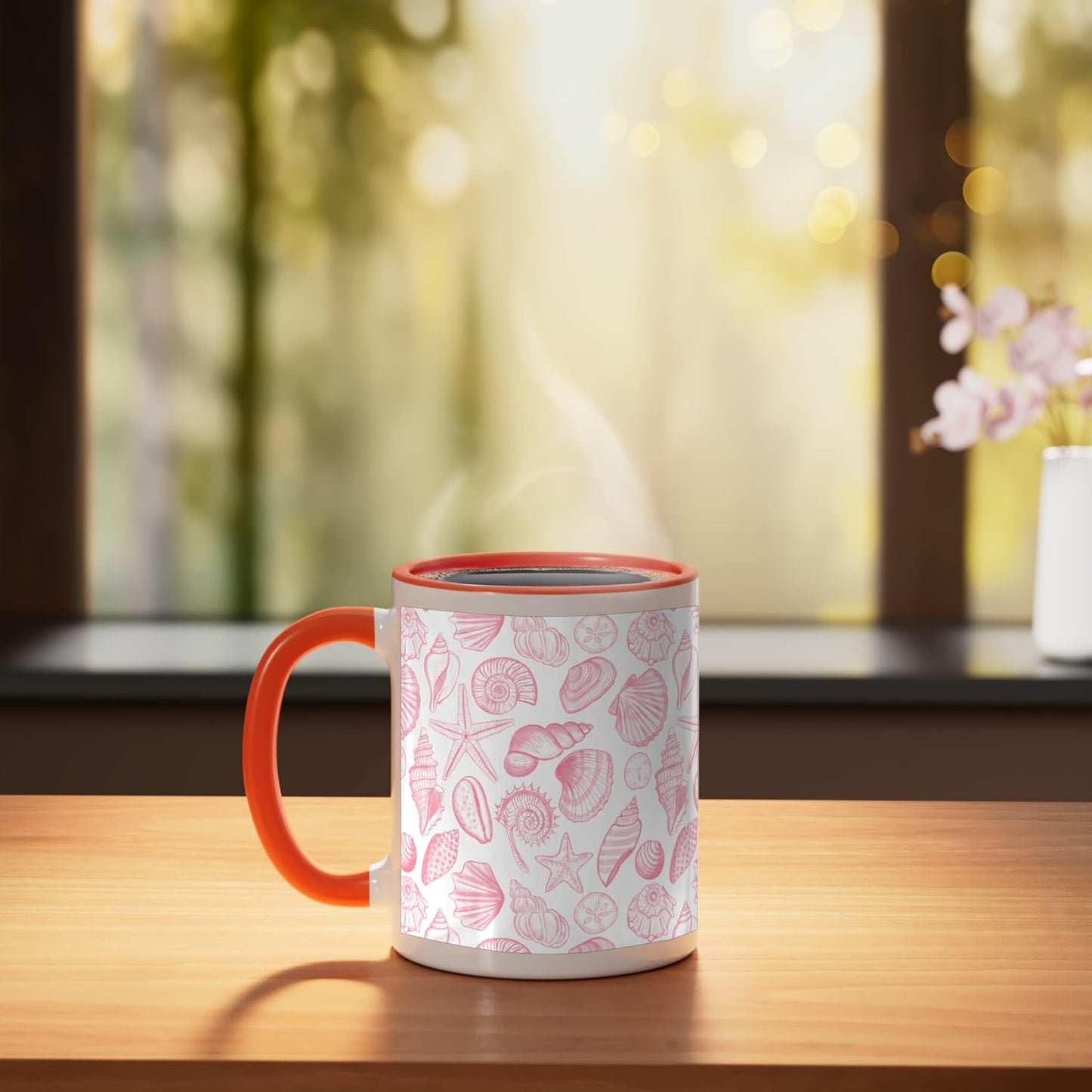 Taza cerámica pastel rosa con conchas y estrellas de mar