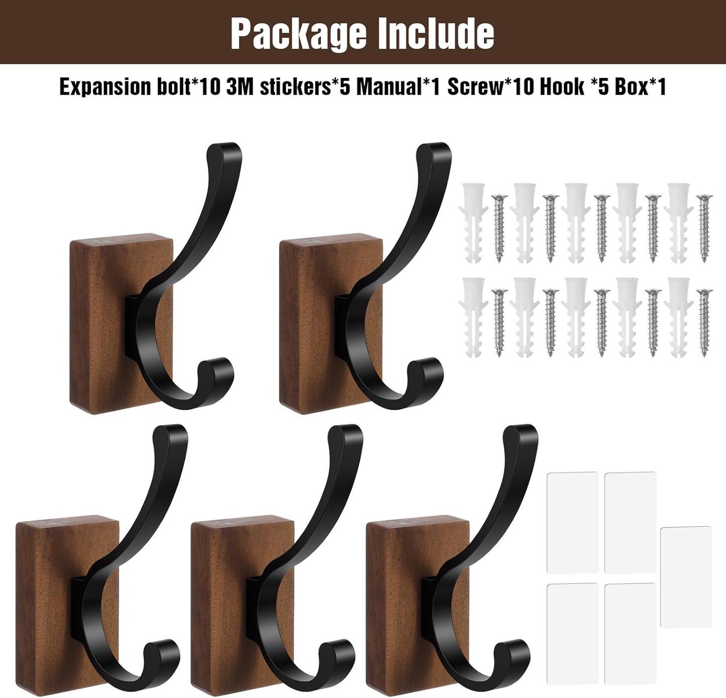 4 Ganchos Pared Madera Nogal Negro Adhesivo Decorativo Rústico