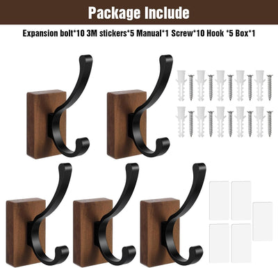 4 Ganchos Pared Madera Nogal Negro Adhesivo Decorativo Rústico