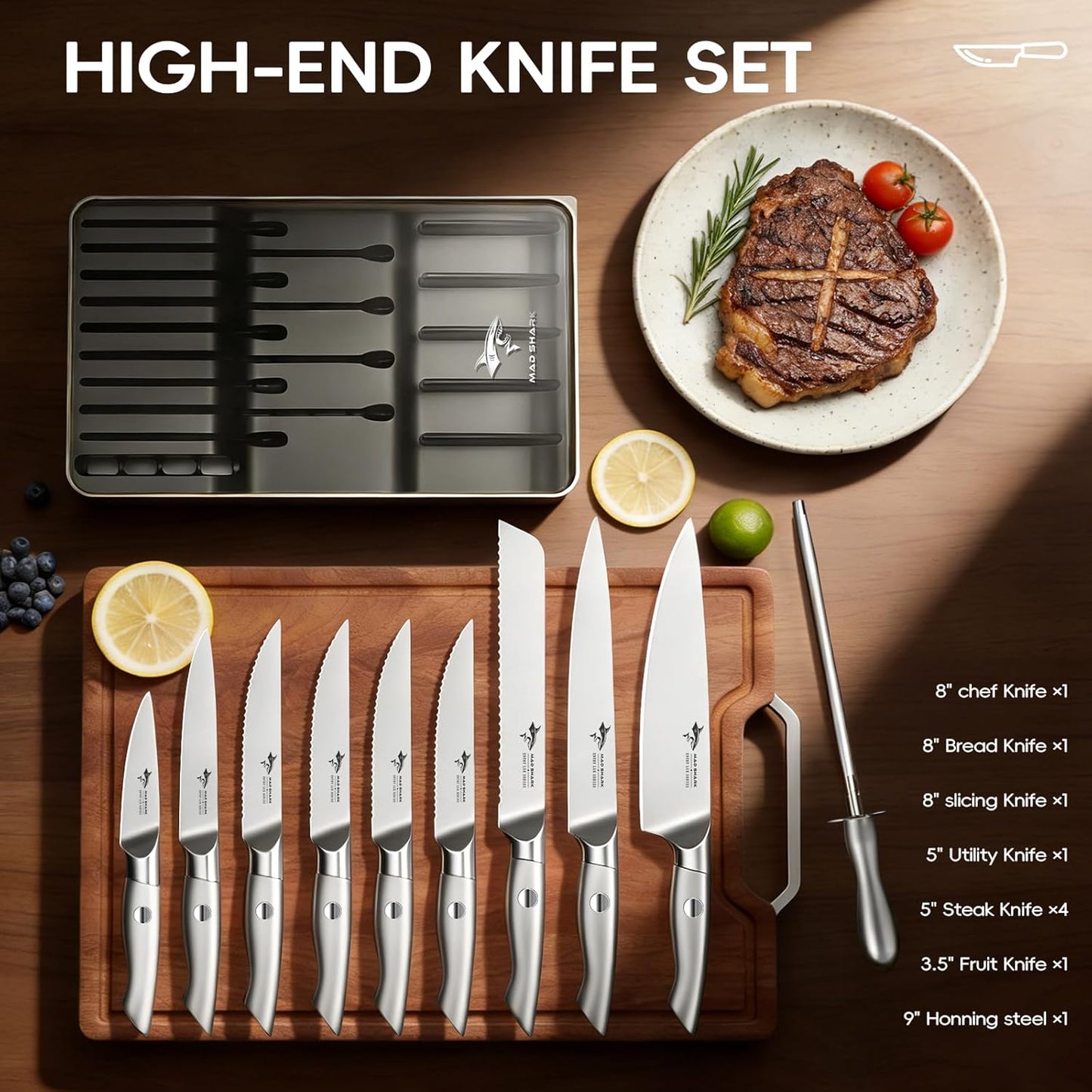 Set 11 Cuchillos Acero Inox Bloque Varilla Afiladora