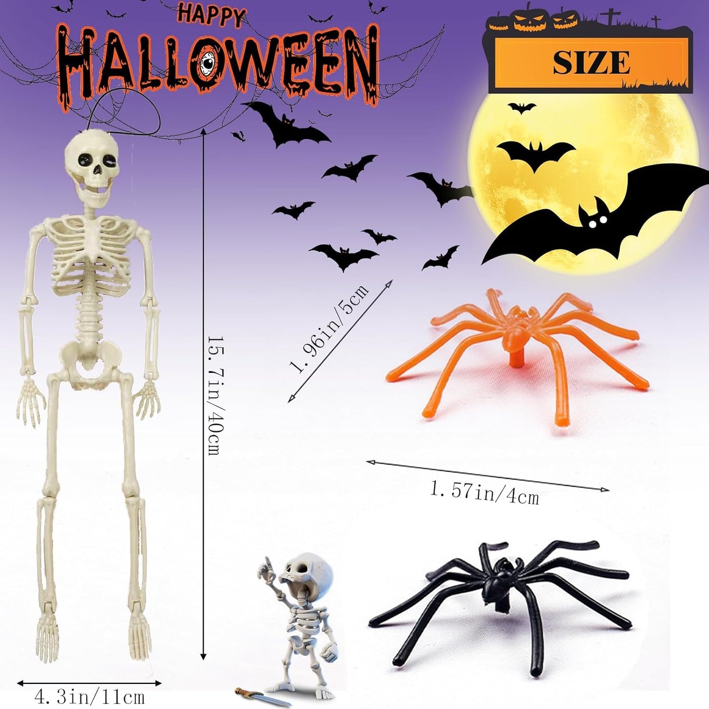 2 Esqueletos Halloween 16pulg con 20 arañas plástico