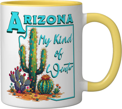 Taza de cerámica Arizona Winters Snowbird Springtime Cactus Amarillo/Blanco