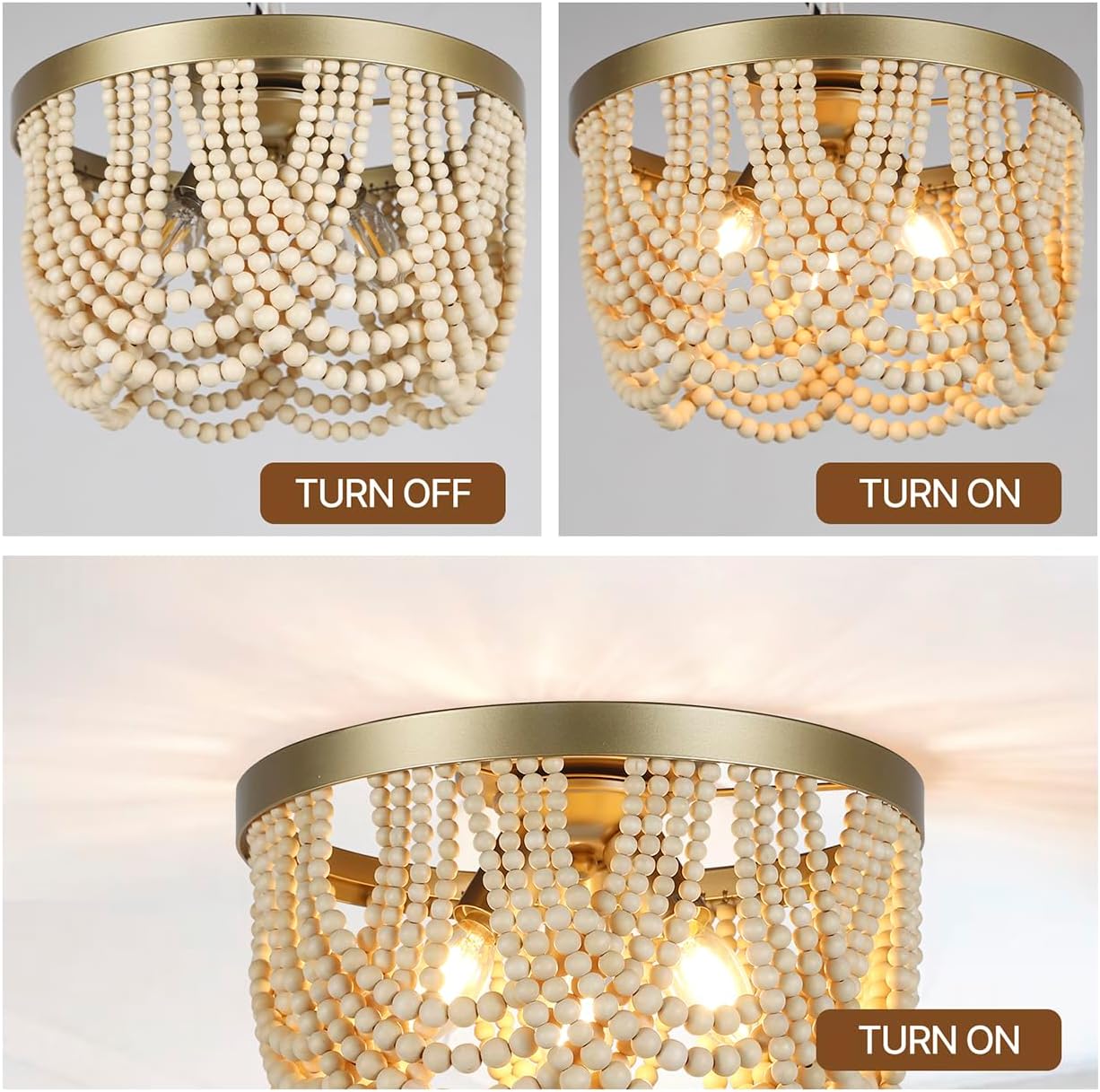 Candelabro bohemio 3 luces madera 12.6pulg para comedor