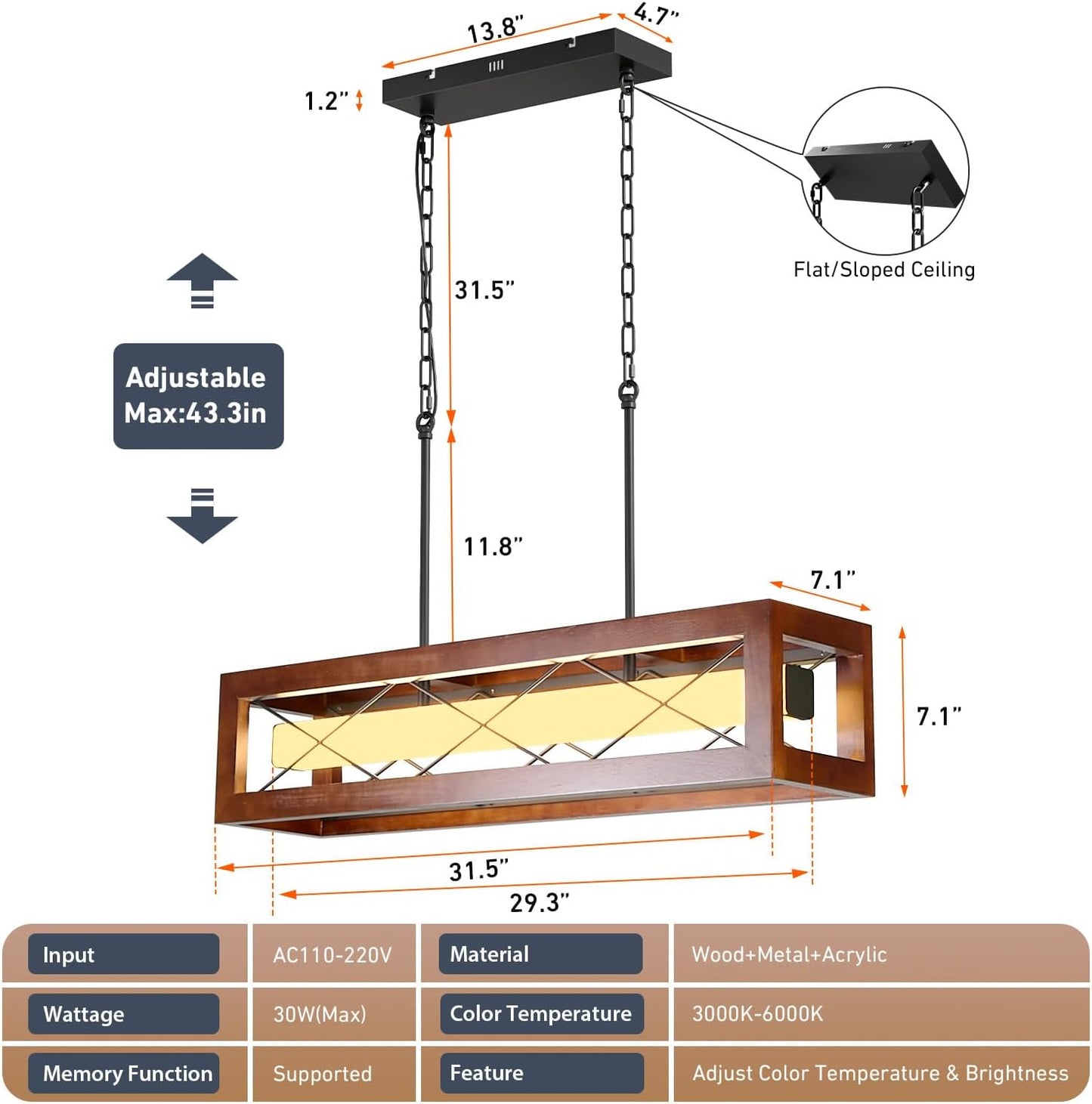 Lámpara isla cocina 31.5pulg madera rústica LED regulable
