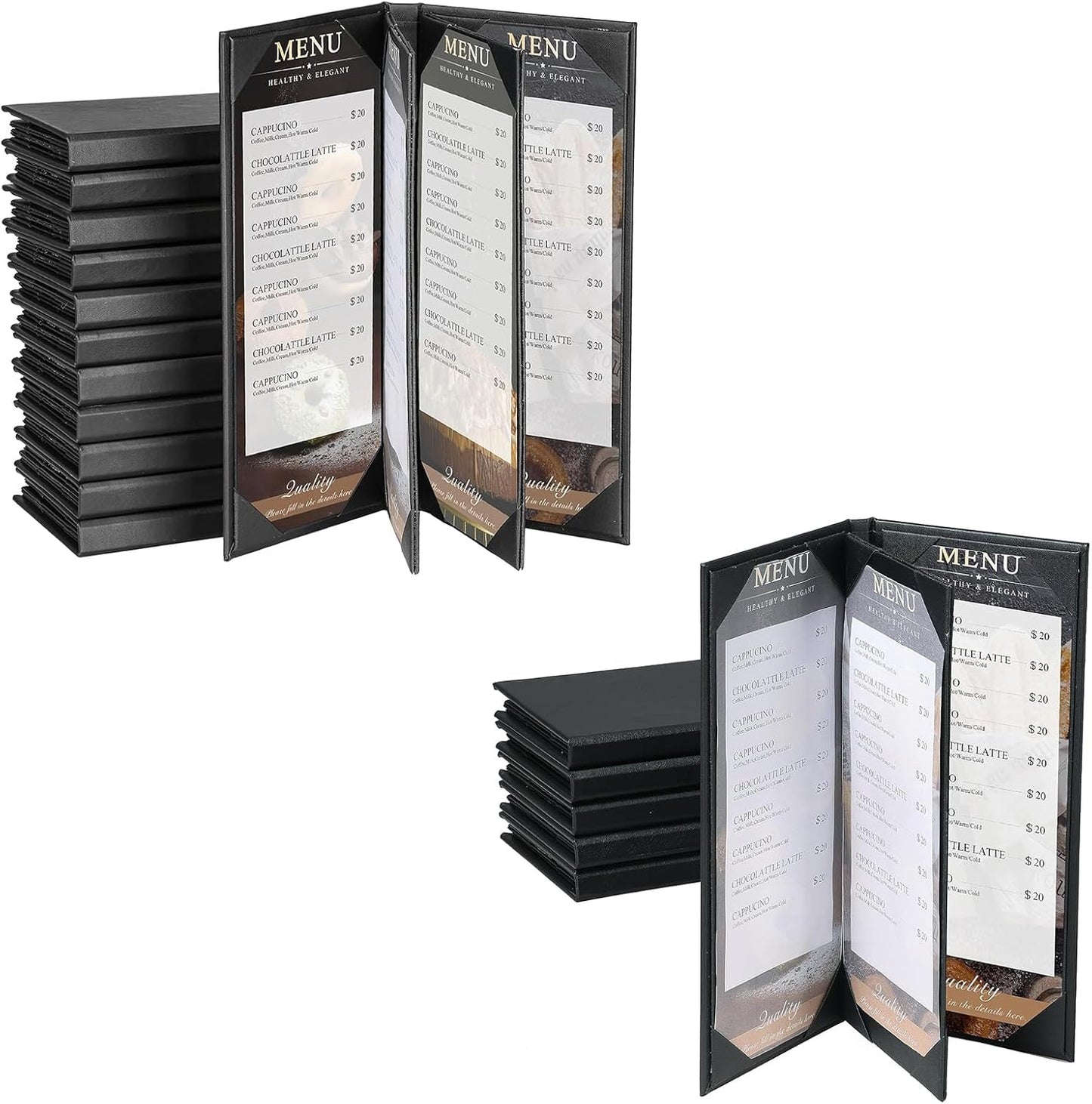 6 Pzas Cubiertas Menú 4.25x11" Estilo Libro Negro