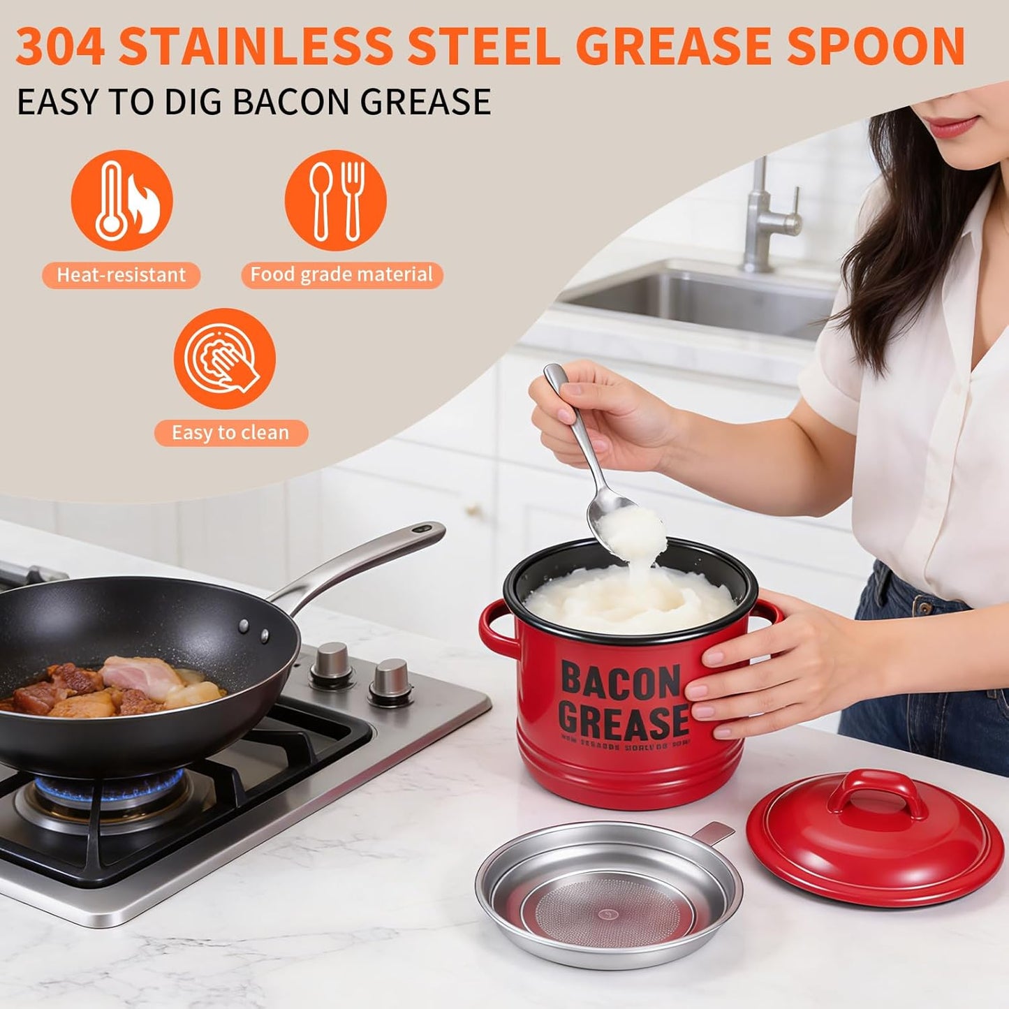 Recipiente grasa tocino 46oz con colador tapa lata roja