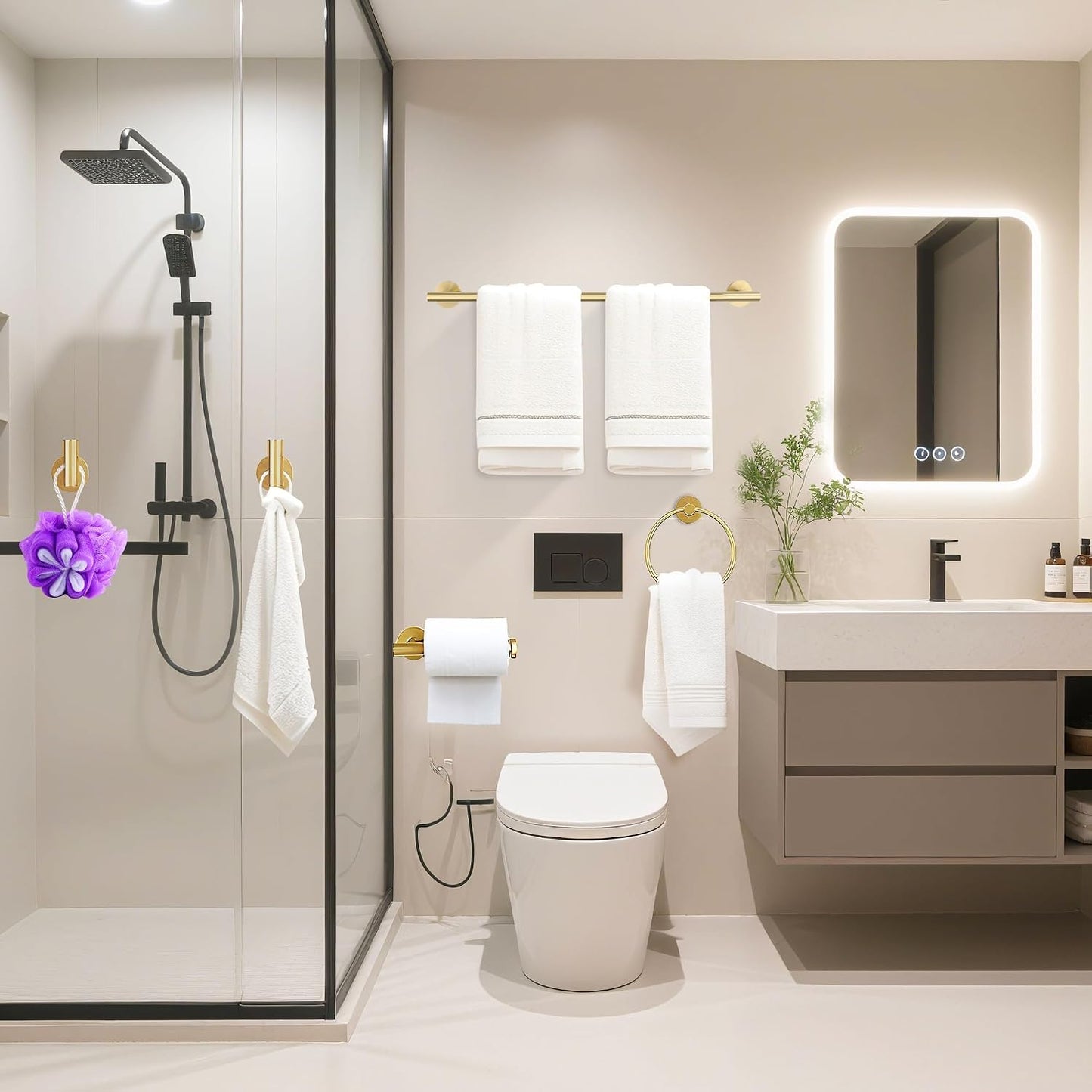 Set 6 accesorios baño oro cepillado acero inox