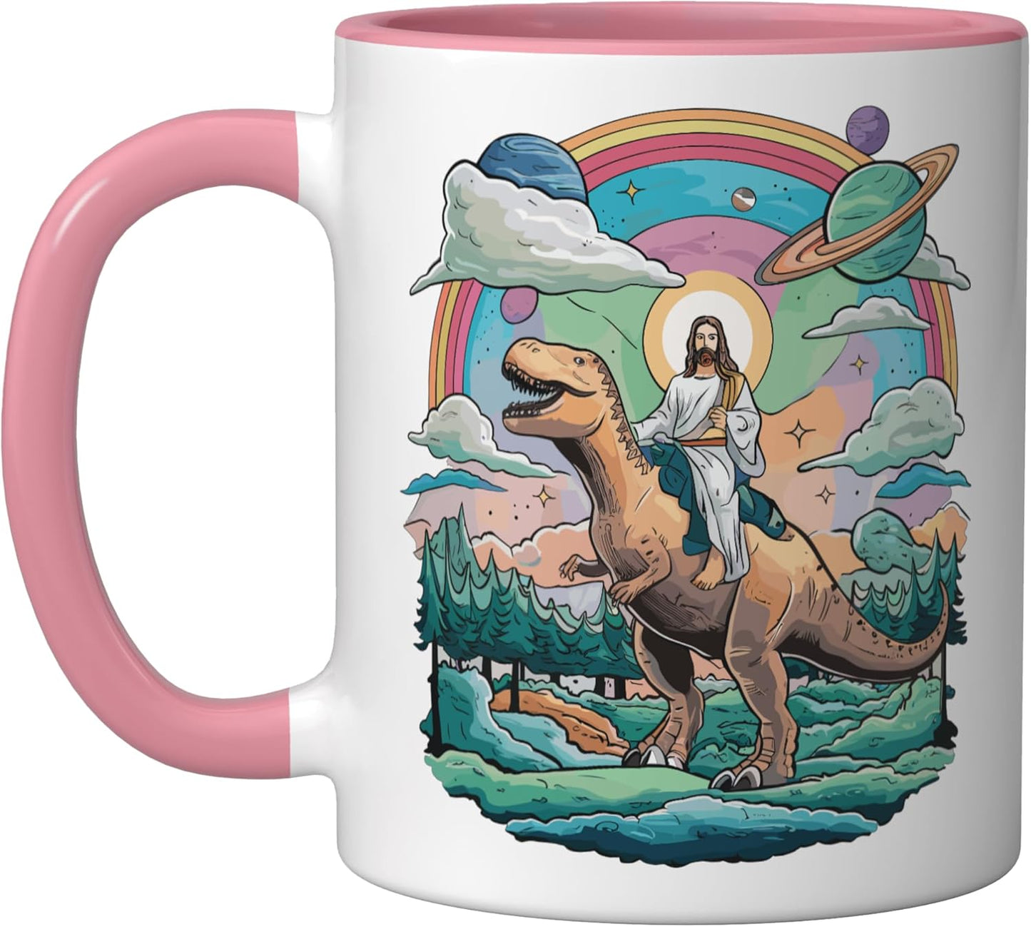 Taza Cerámica T-Rex Meme Sci-Fi Rosa/Blanca