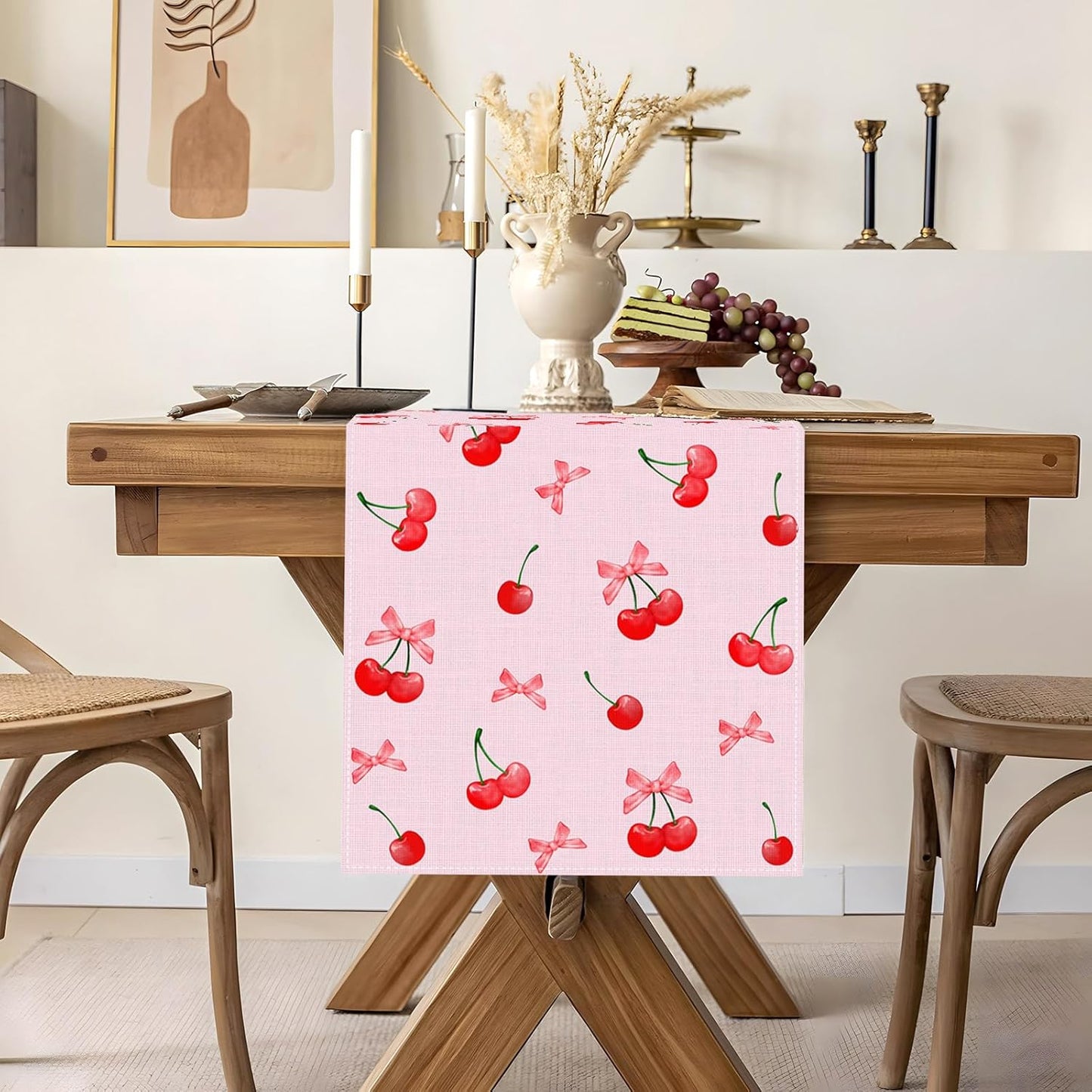 Camino de mesa de cerezo con lazo rosa para fiestas y decoración