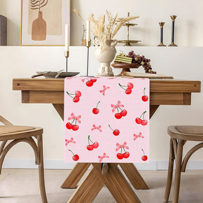 Camino de mesa de cerezo con lazo rosa para fiestas y decoración