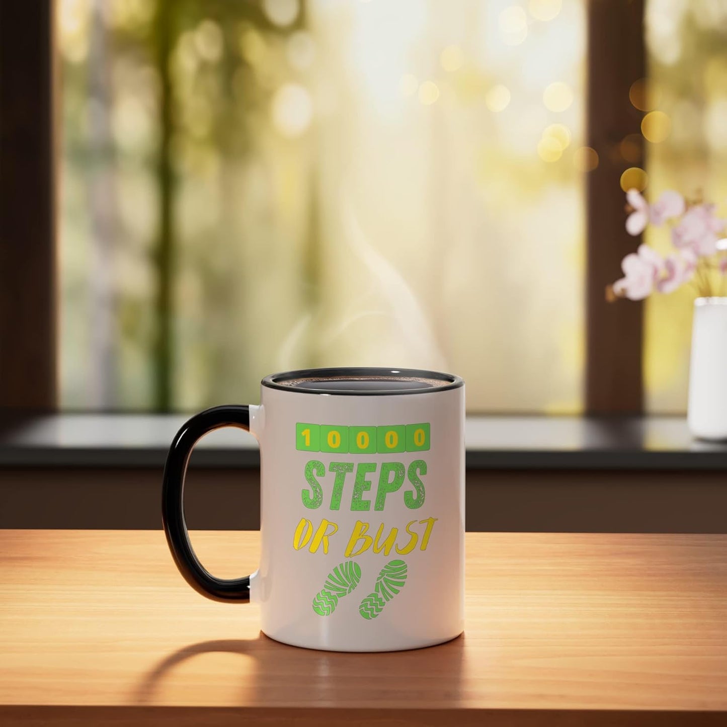 Taza cerámica para caminar 10,000 pasos negra/blanca