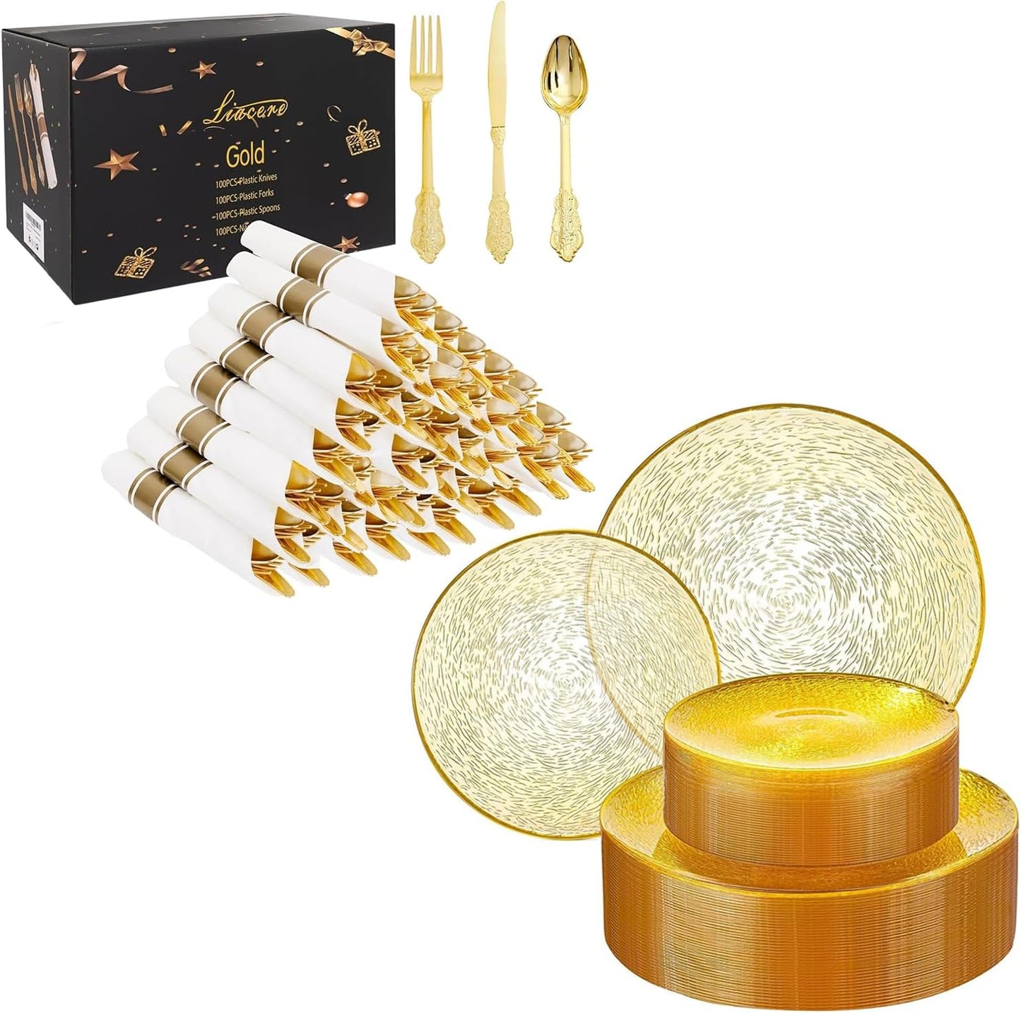 Set 400 cubiertos plástico dorado y 60 platos plástico amarillo