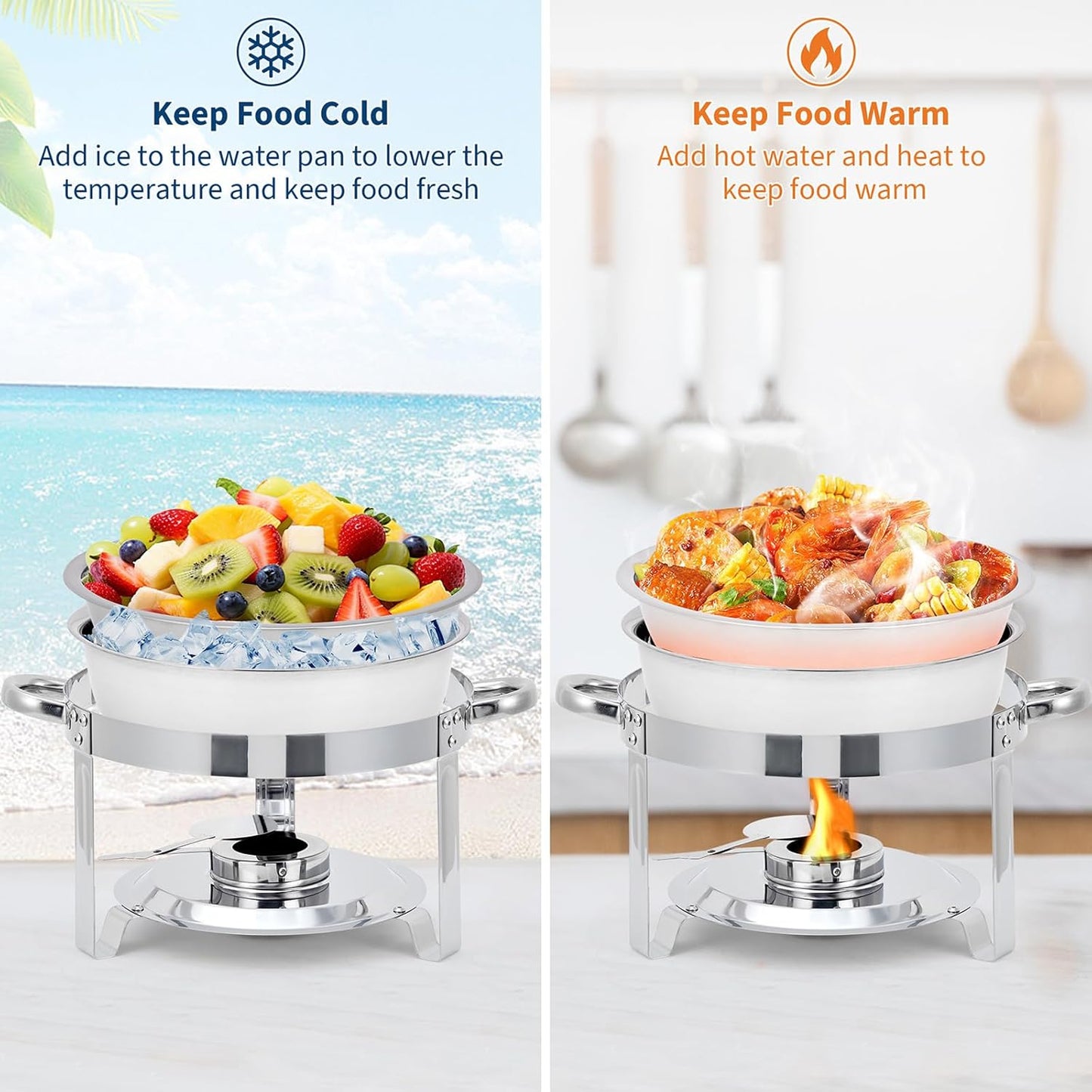 Set 2 Platos Acero Inox 5qt Con Tapa Vidrio Bufé Catering