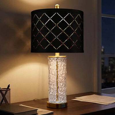 2 Lámparas Mesa Cristal 25pulg USB Dorada Rejilla Negra