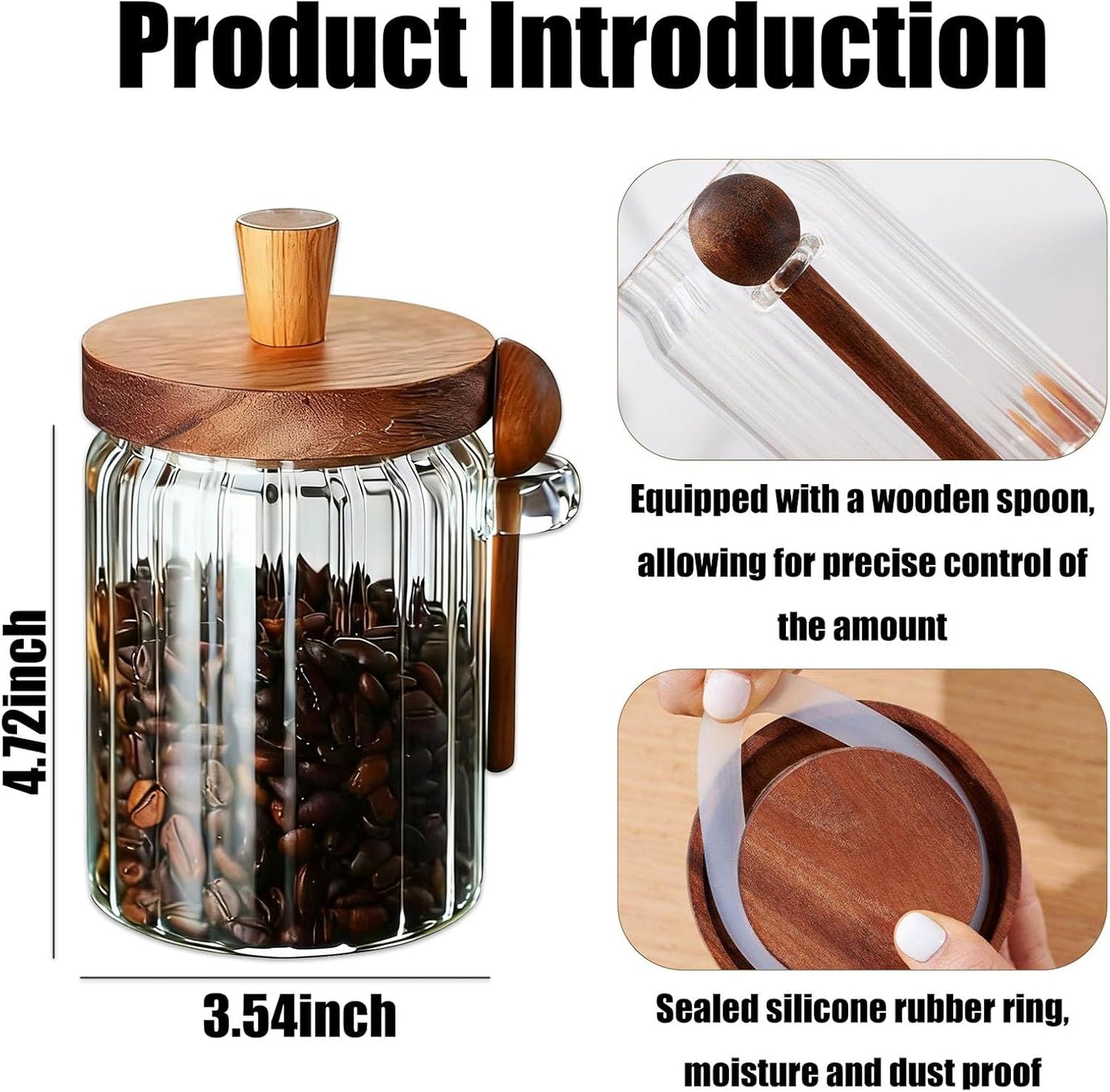 Tarro de vidrio con tapa y cuchara de madera para almacenar granos de café, posos, sal o té
