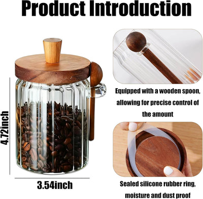 Tarro de vidrio con tapa y cuchara de madera para almacenar granos de café, posos, sal o té