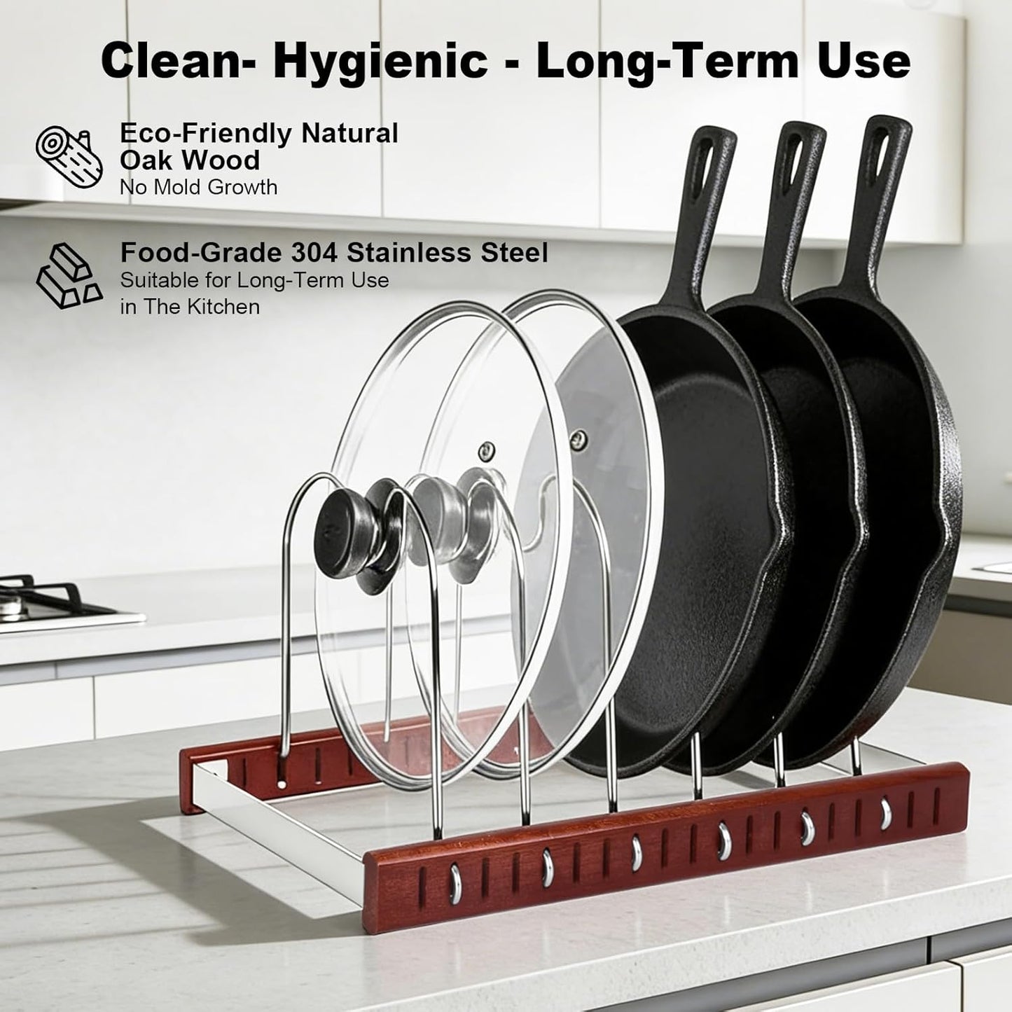 Organizador de tapas de olla y sartén con base de roble para cocina