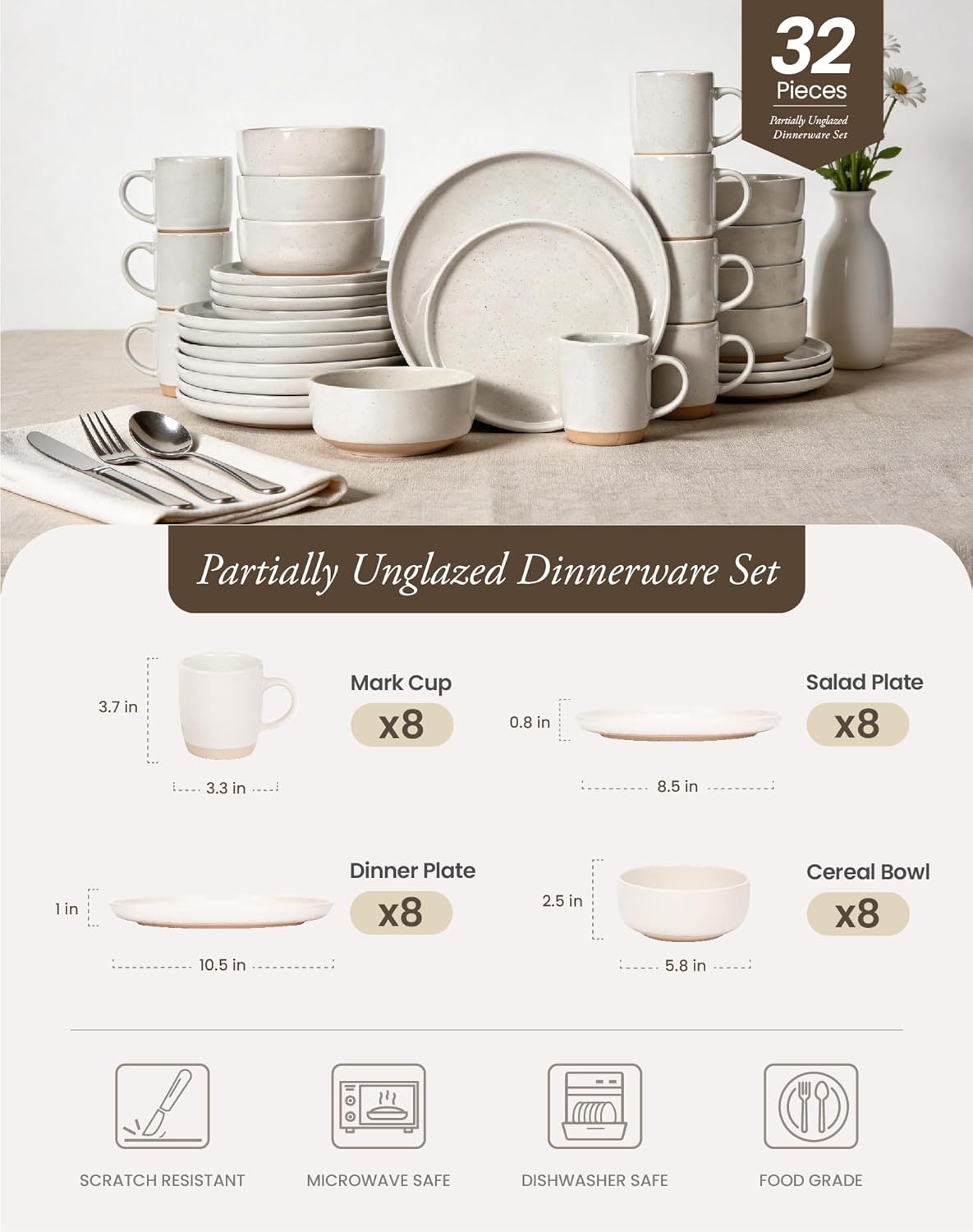 Set 32 Pzas Cerámica Ropa de Mesa 8 Personas Blanco