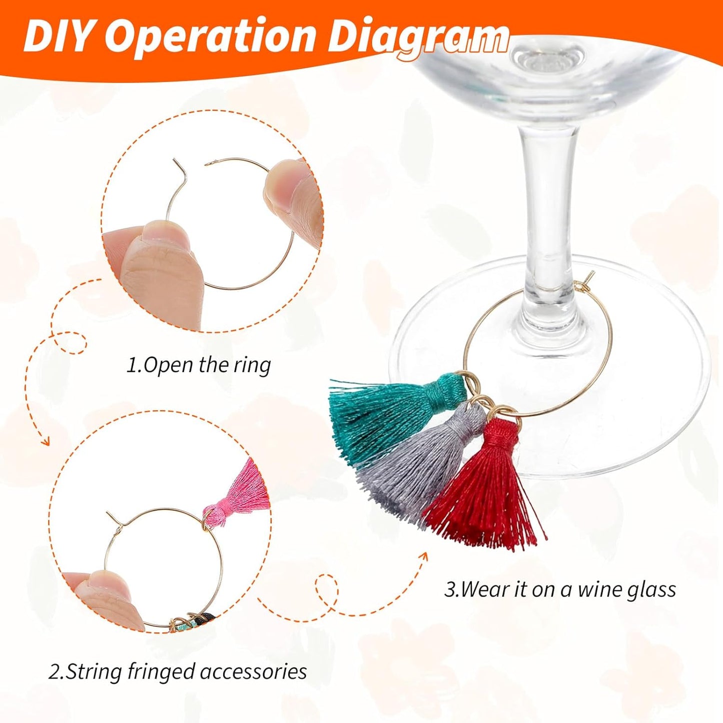 Juego de 87 dijes para copas de vino con borlas coloridas y anillos dorados y plateados