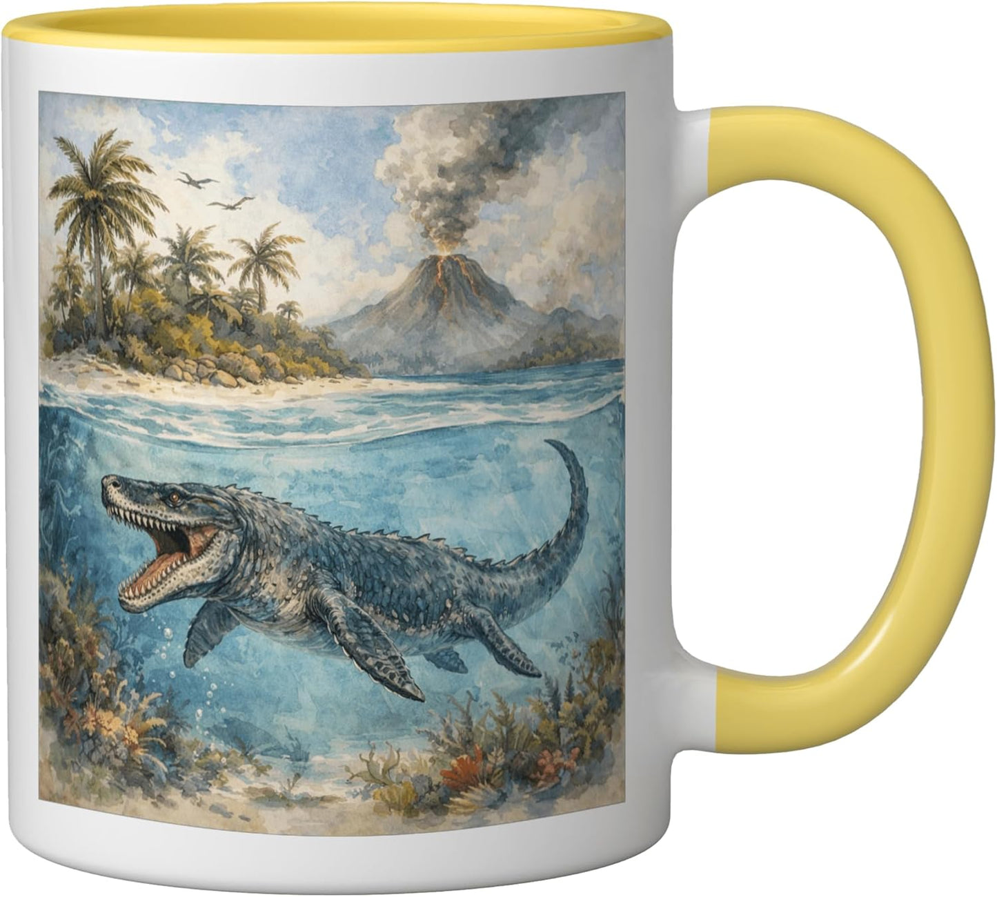 Taza Cerámica Dinosaurio Mosasaurus Amarillo Blanco