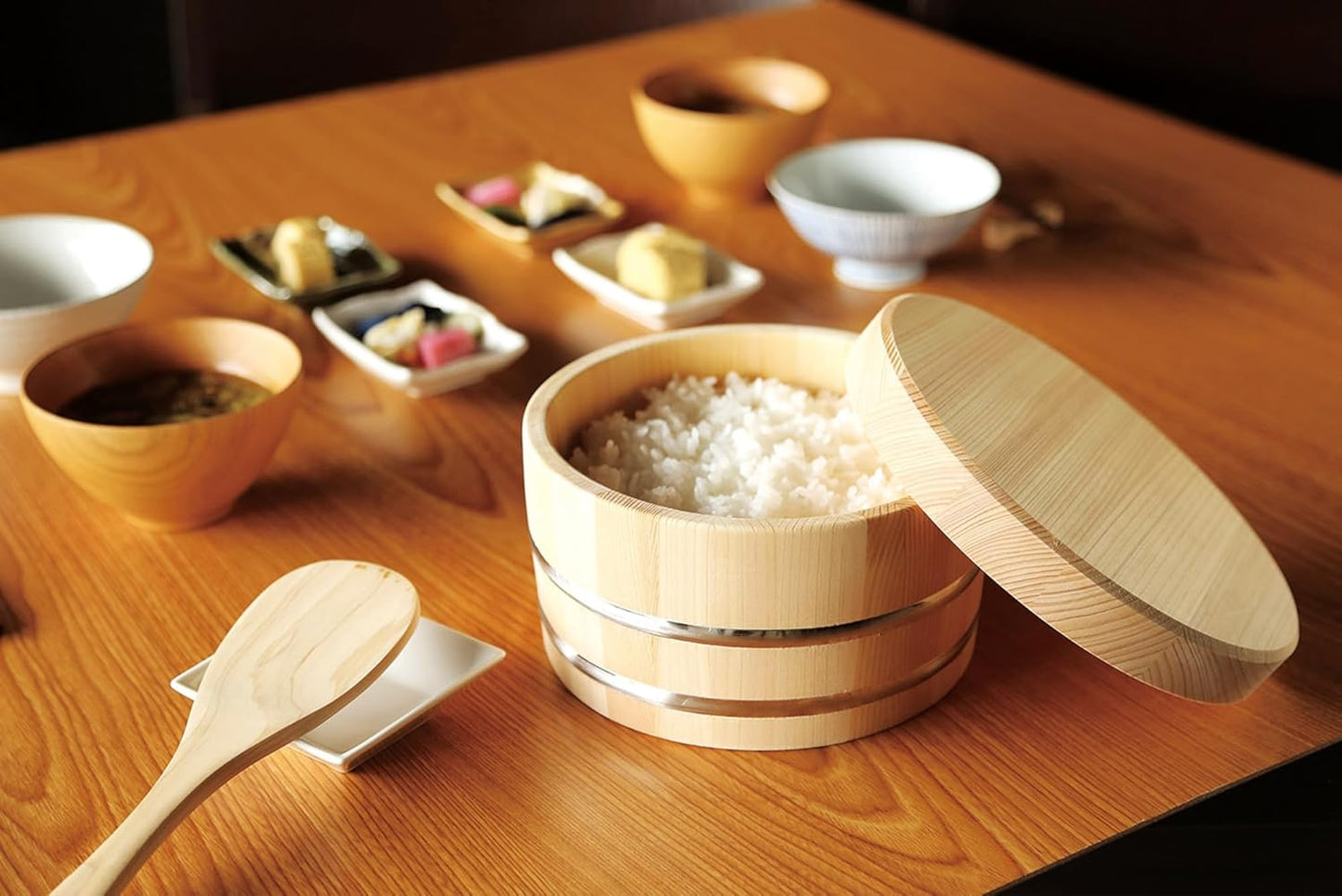 Recipientes arroz madera japonesa Ohitsu con tapa