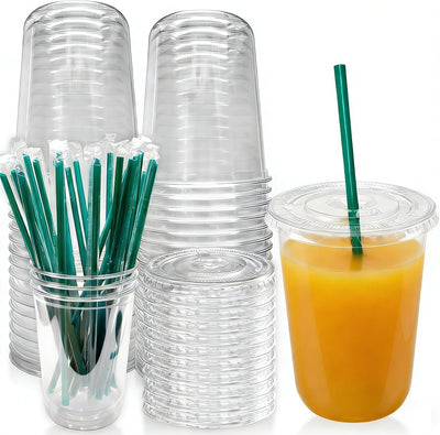 Juego de 25 vasos plásticos transparentes con tapas y pajitas para bebidas frías