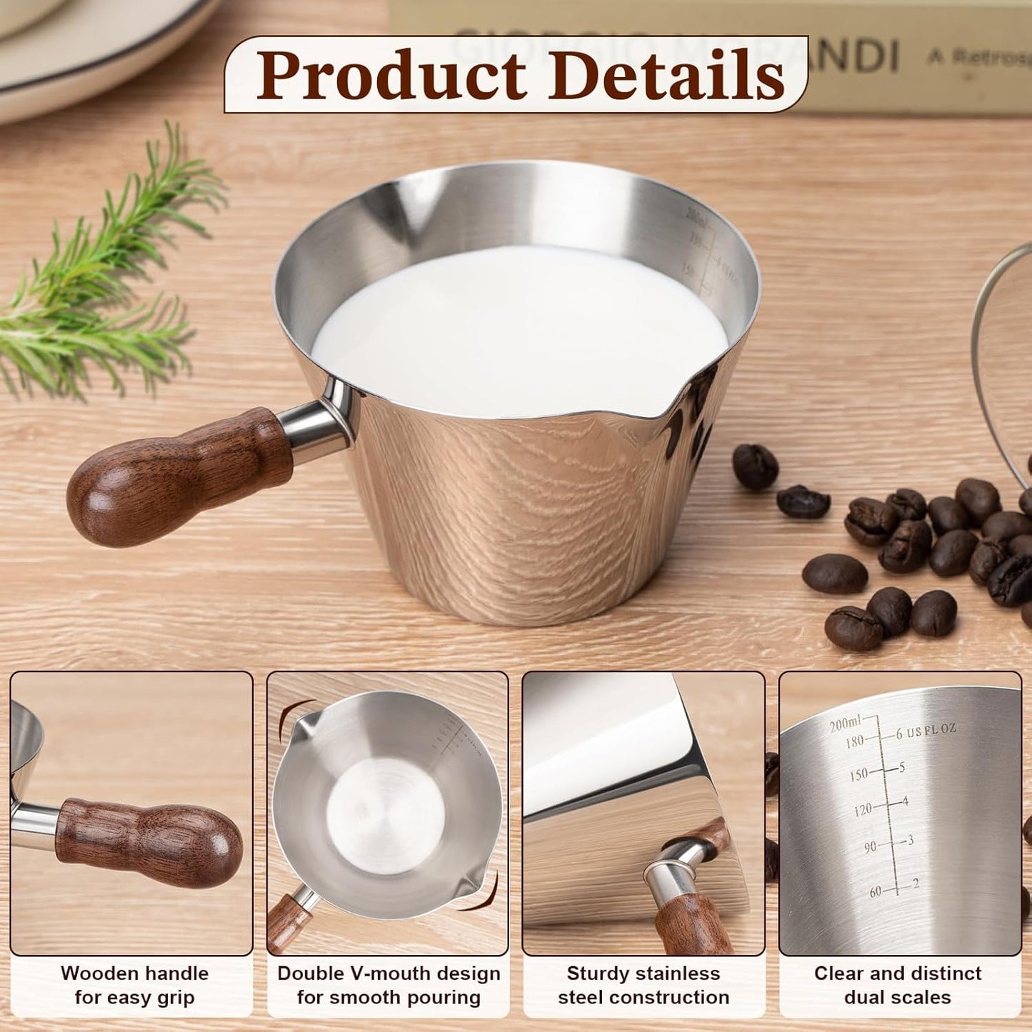 Taza Espresso Acero Inox 304 con Escala 7oz Madera