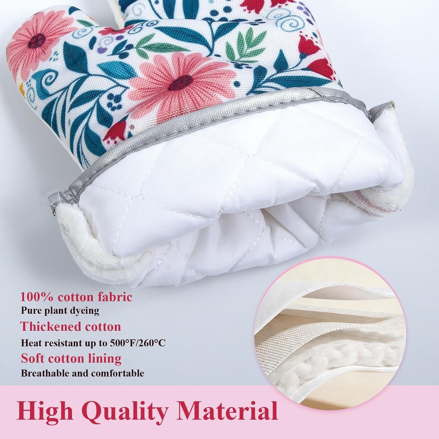 Juego de 2 manoplas florales para horno y soportes para ollas, guantes de cocina resistentes al calor con almohadillas calientes